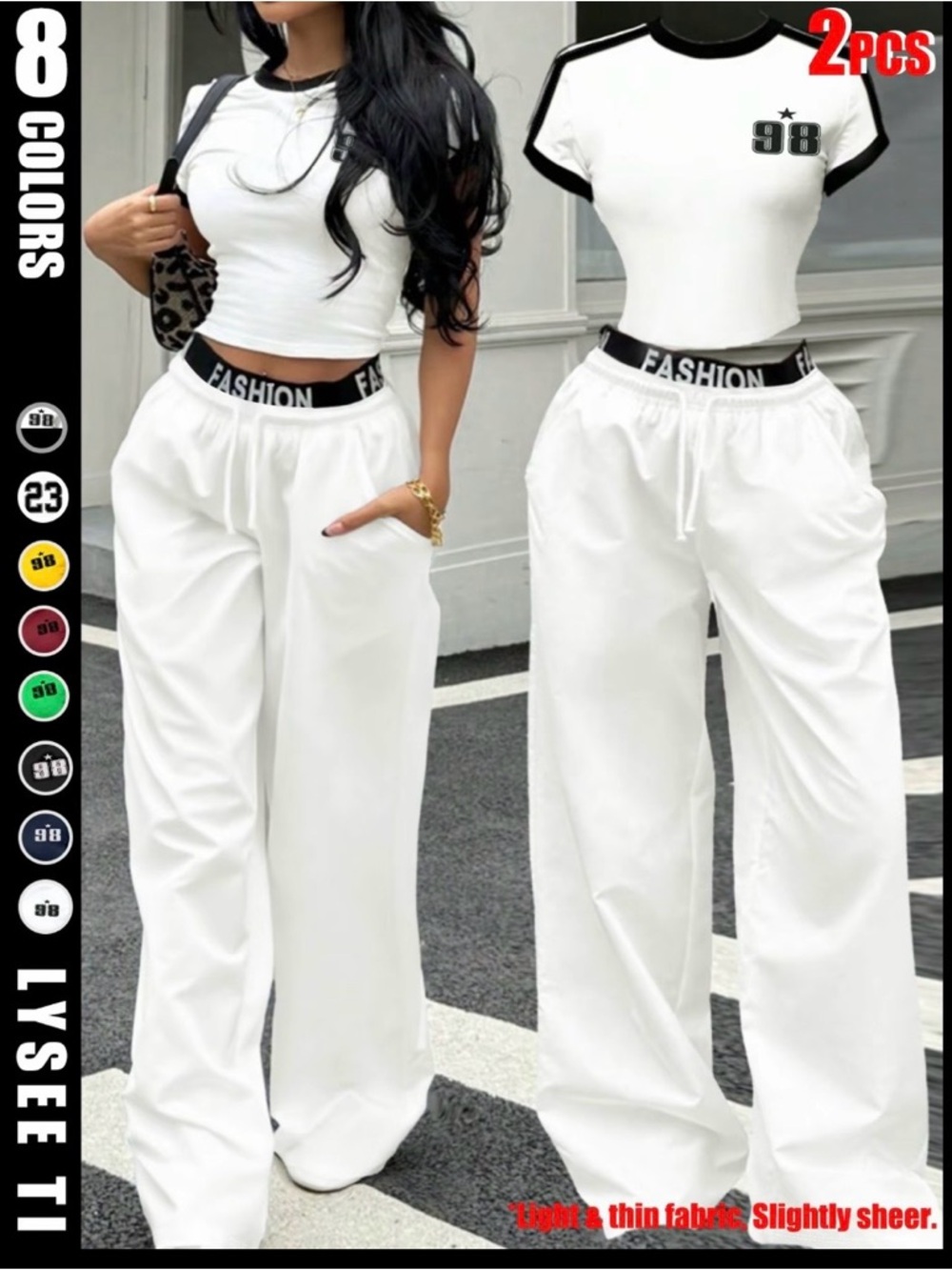 LYSEETI White Wide-Leg Women's Pants with Branded Elastic Waist